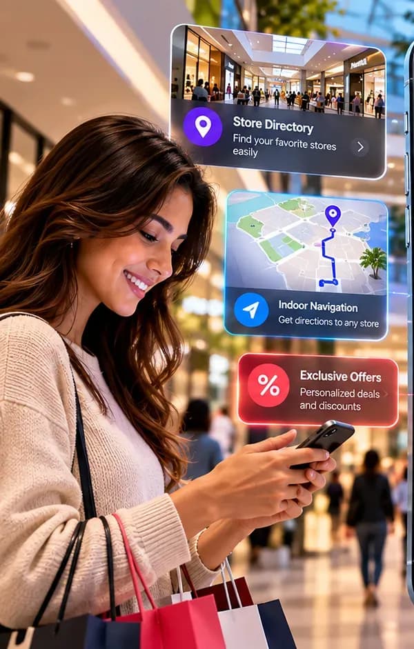Une cliente utilise son smartphone en centre commercial pour interagir avec l'enseigne